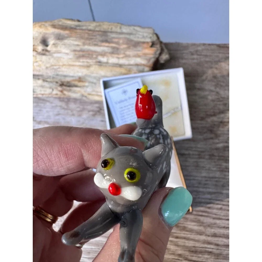 Pier 1 Imports Art Glass Cat Bird Christmas Figurine Unlikely Friends W Box